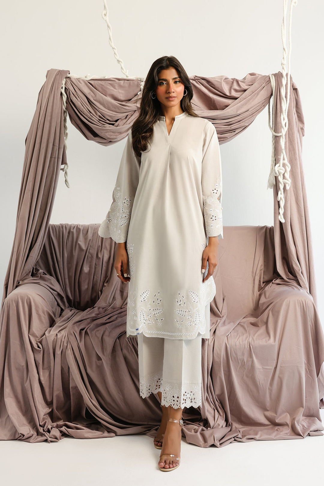 Pret Essentials by Sahar Womens RTW Embroidered Cambric 2 Piece Suit Snowdrop Charm - Casual Collection