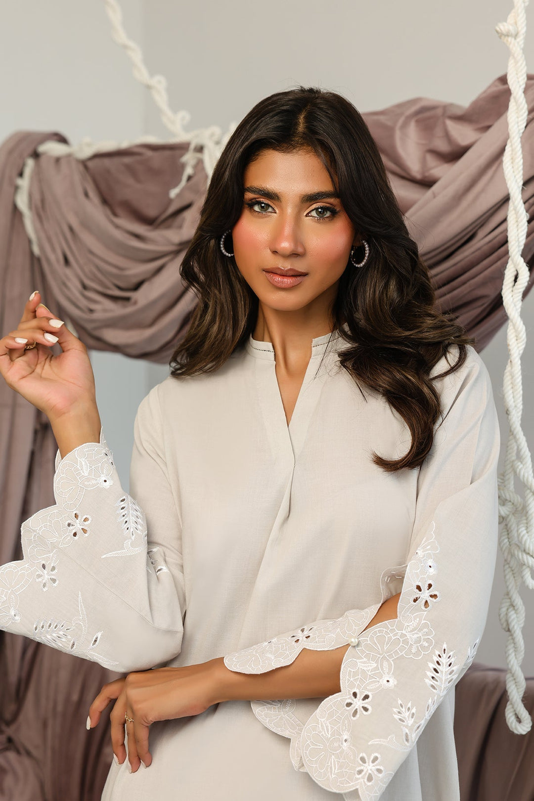 Pret Essentials by Sahar Womens RTW Embroidered Cambric 2 Piece Suit Snowdrop Charm - Casual Collection