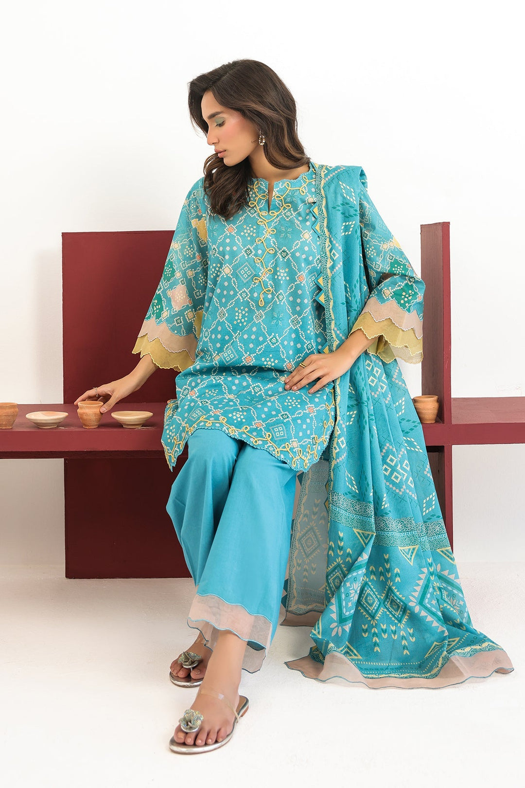 Rhea by Sahar Unstitched Lawn 3 Piece Suit Aqua Geometry - Casual Collection