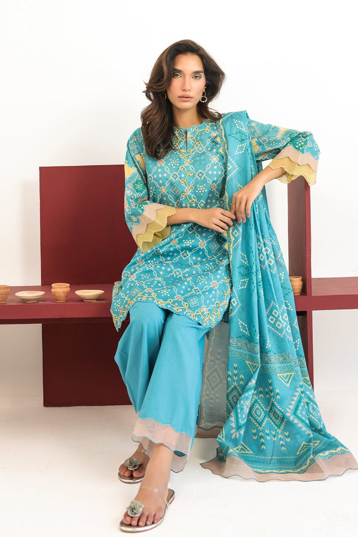 Rhea by Sahar Unstitched Lawn 3 Piece Suit Aqua Geometry - Casual Collection