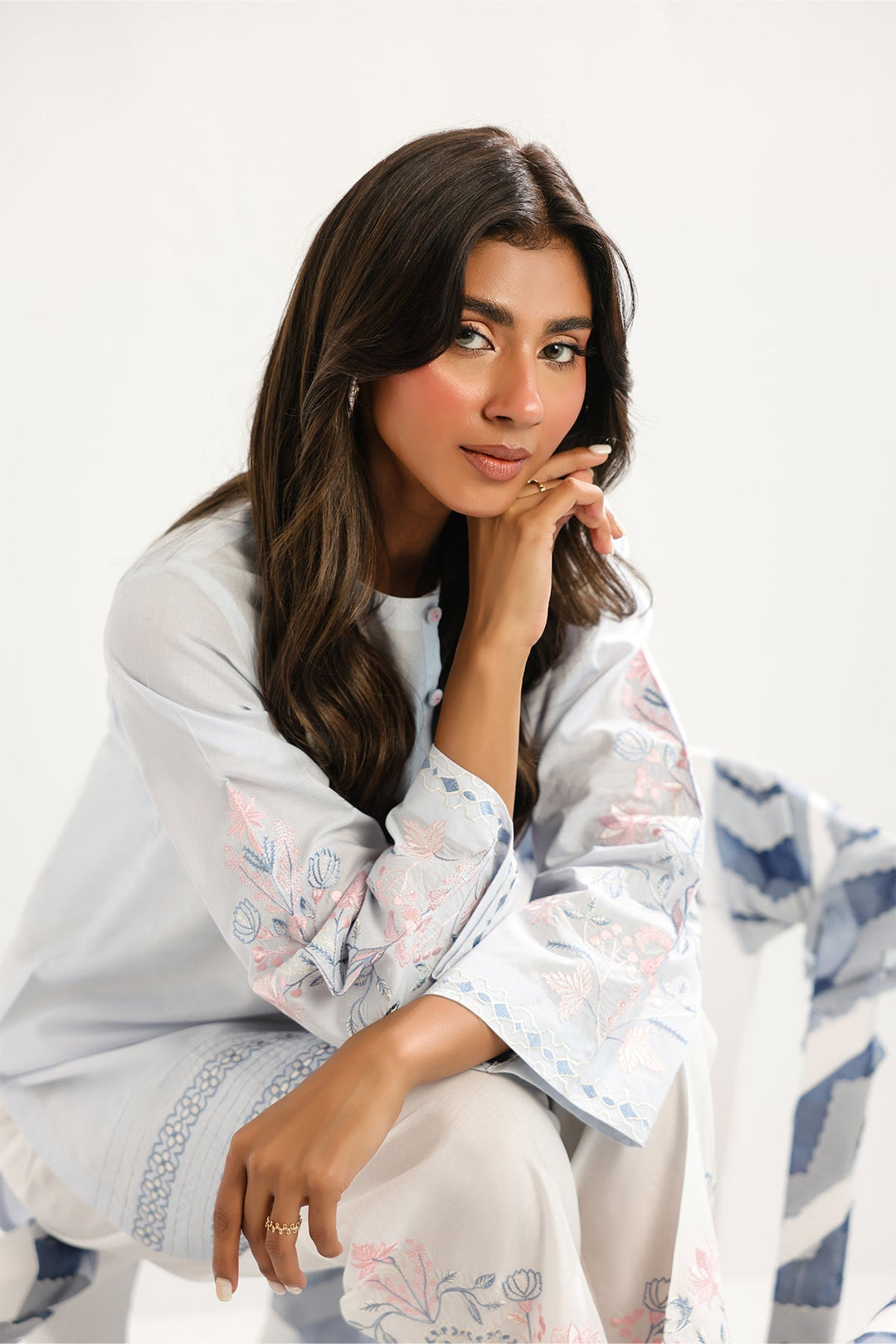 Pret Essentials by Sahar Womens RTW Embroidered Cambric 2 Piece Suit Azure Cloud - Casual Collection