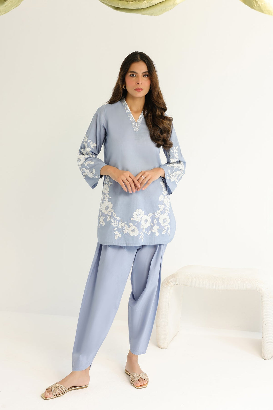 Pret Essentials by Sahar Womens RTW Embroidered Cambric 2 Piece Suit Lapis Flora - Casual Collection