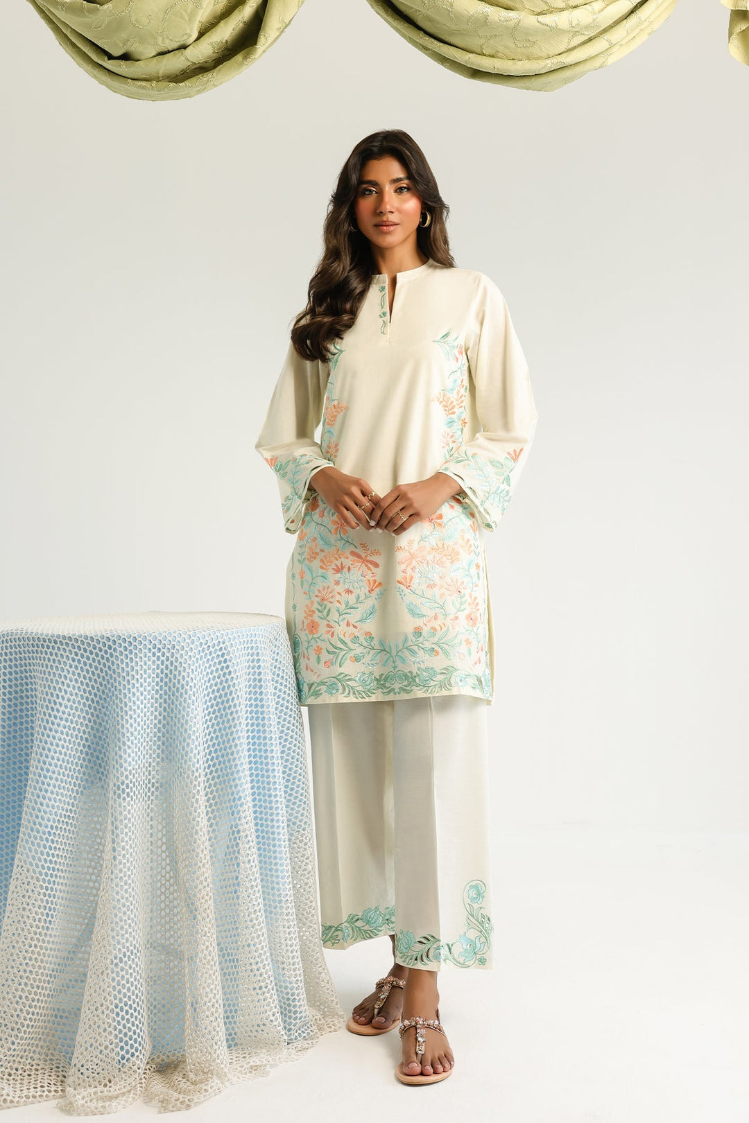 Pret Essentials by Sahar Womens RTW Embroidered Cambric 2 Piece Suit Opaline Flora - Casual Collection