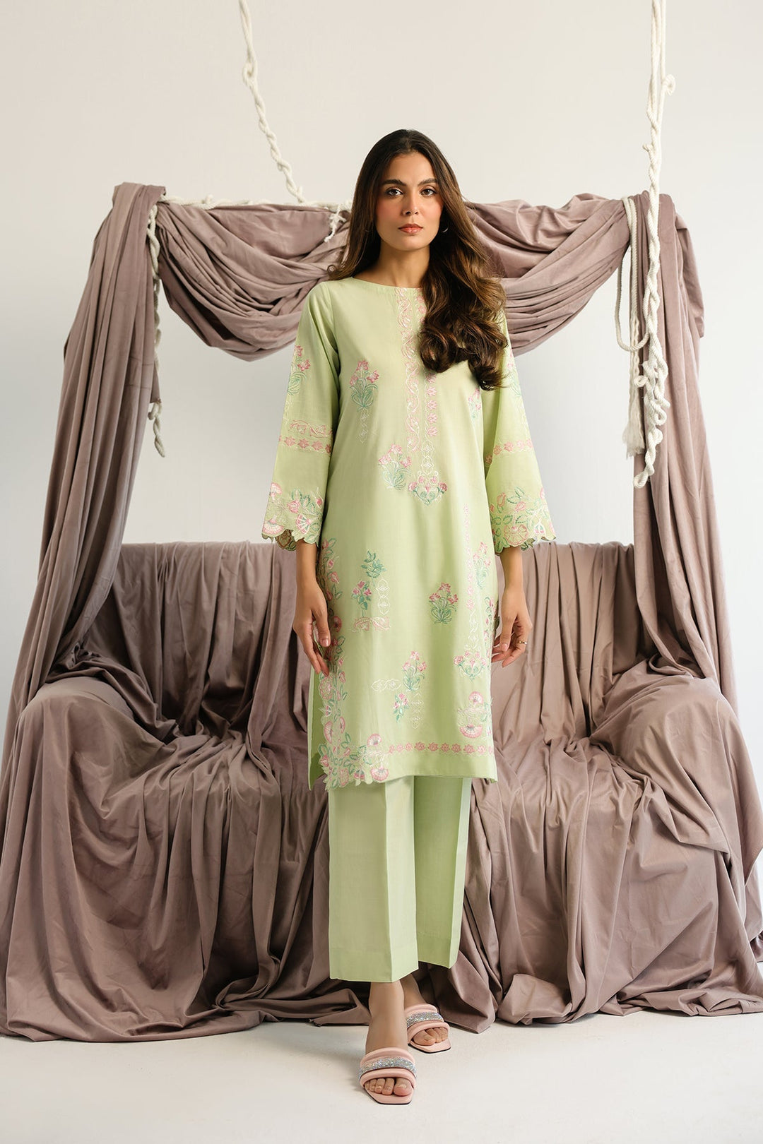 Pret Essentials by Sahar Womens RTW Embroidered Cambric 2 Piece Suit Willow meadow - Casual Collection