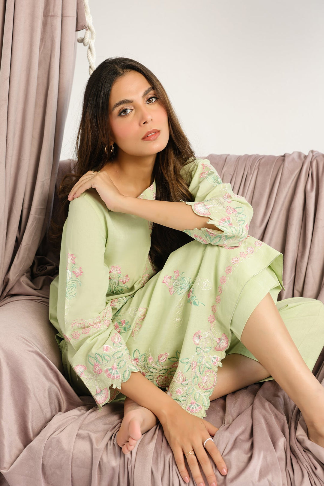 Pret Essentials by Sahar Womens RTW Embroidered Cambric 2 Piece Suit Willow meadow - Casual Collection