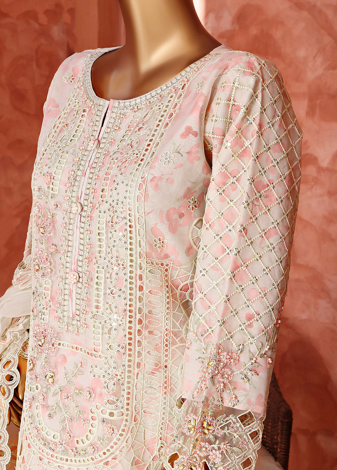 Shaahkaar by HZ Textiles RTW Embroidered Organza 3 Piece Suit HZ26PSO HZK-243 Pastel Pink - Festive Collection