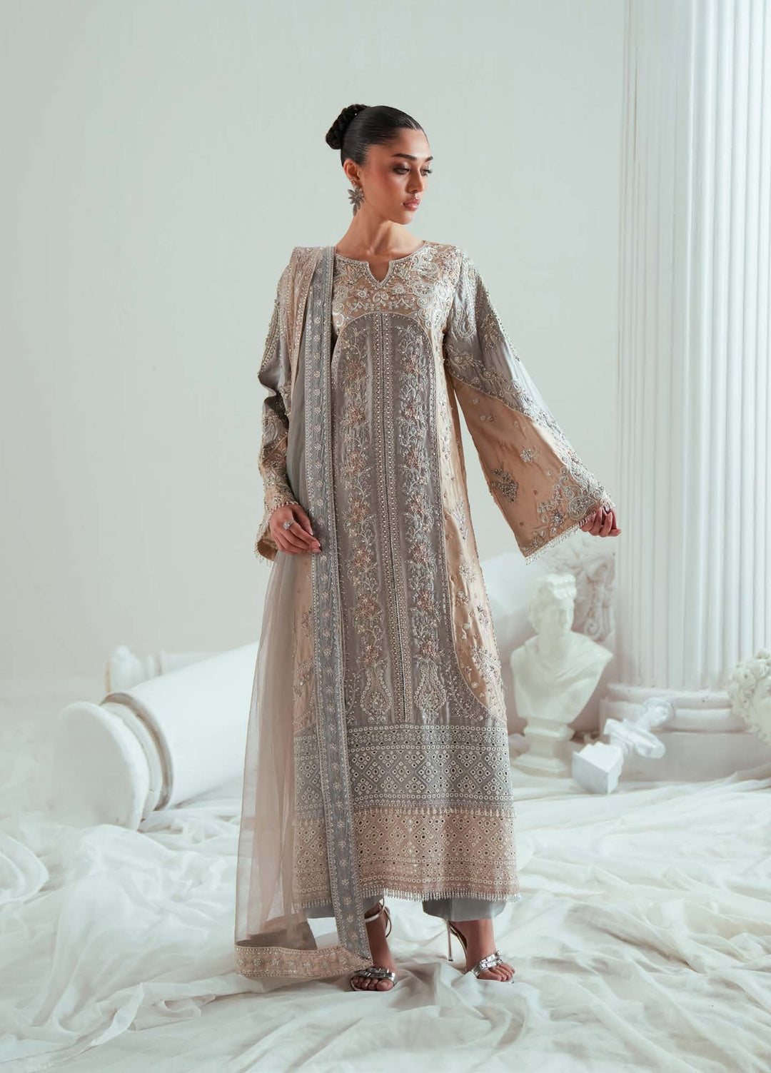 Elyse by Zariya Unstitched Embroidered Net 3 Piece Suit ZA26UEW Dovegray ZSU-6306 - Wedding Collection