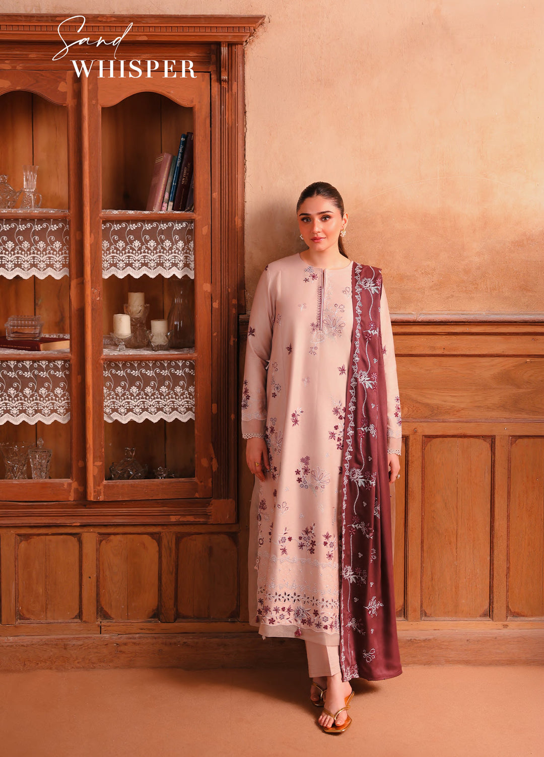 Cross Stitch Unstitched Embroidered Cotton Satin 3 Piece Suit CS26UCS Sand Whisper - Casual Collection