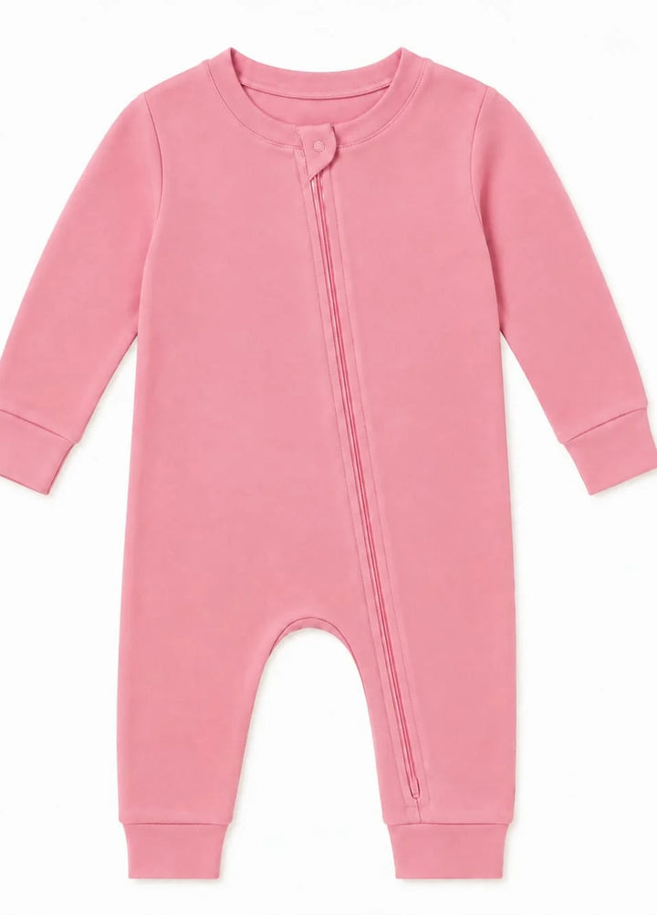 Lambkin Kids RTW Solids Cotton 1 Piece Pink Zipper Romper - Casual Collection