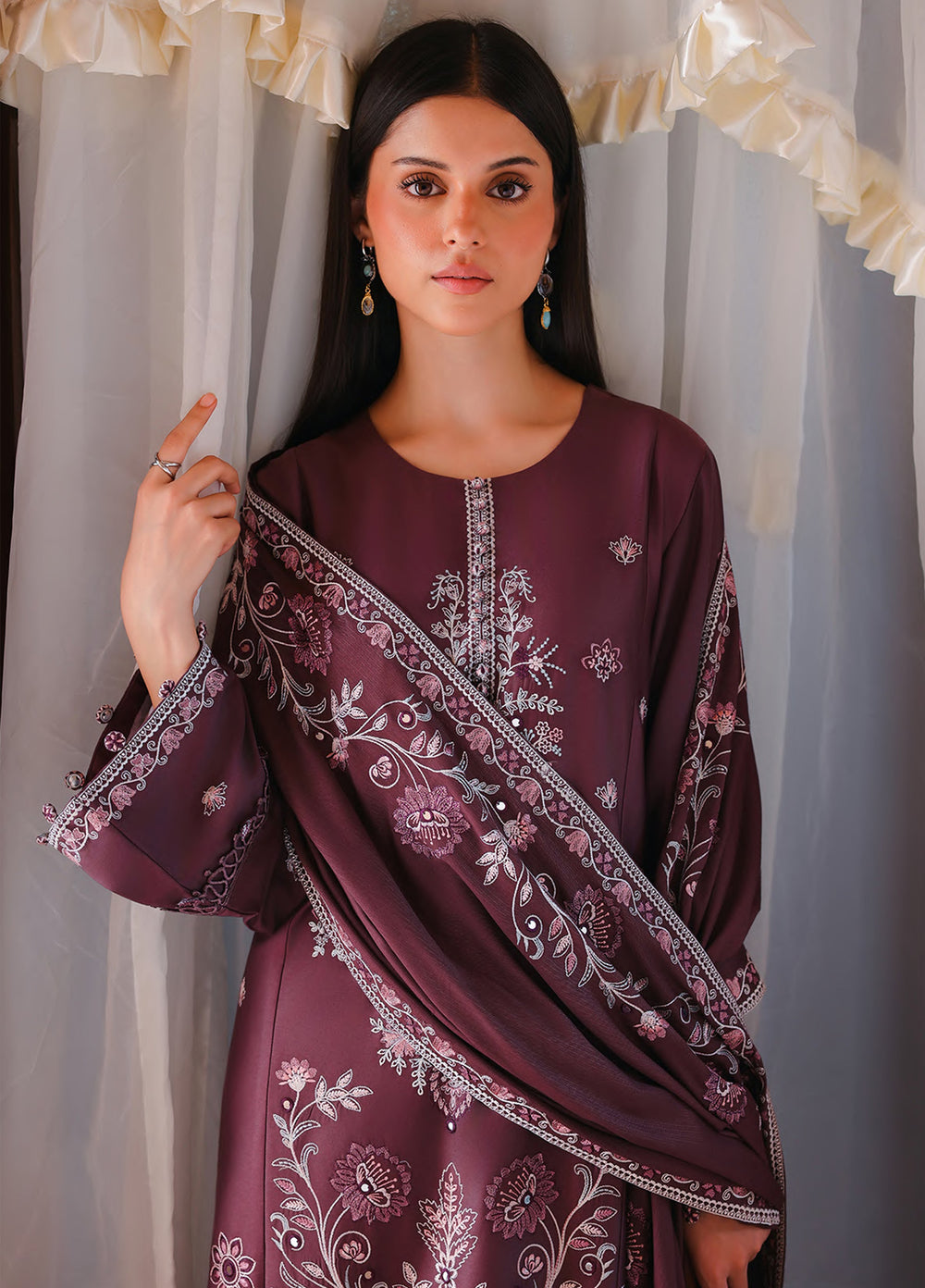 Cross Stitch Unstitched Embroidered Cotton Satin 3 Piece Suit CS26UCS Mulberry Brown - Casual Collection