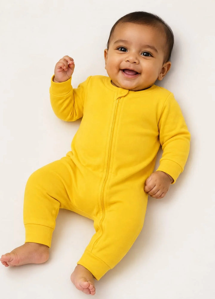 Lambkin Kids RTW Solids Cotton 1 Piece Yellow Zipper Romper - Casual Collection