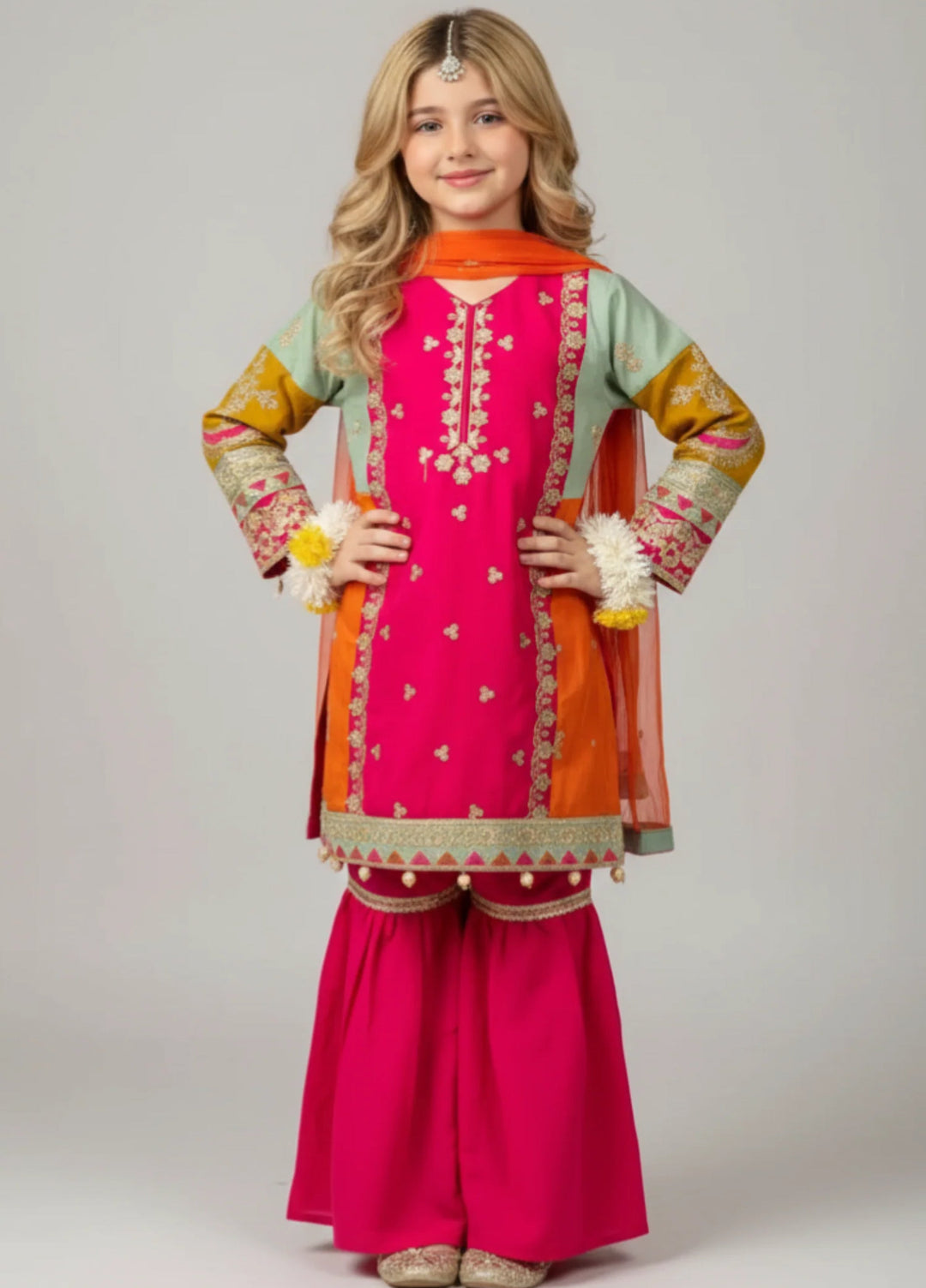 Khanak Girls RTW Embroidered Raw Silk 3 Piece Suit KG-13 - Festive Collection