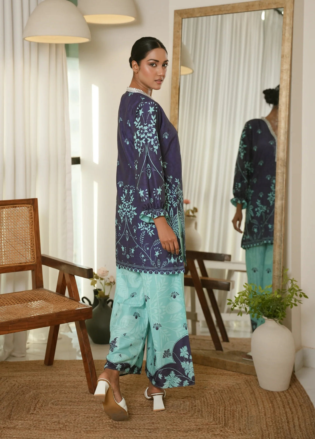 Karashe Women RTW Printed Raw Silk 2 Piece Suit MIDNIGHT BLOOM - Festive Collection