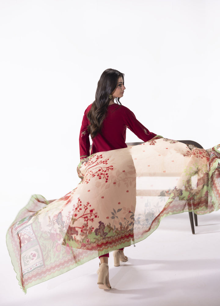 Noya by Mashra RTW Embroidered Lawn 3 Piece Suit MA-603 Crimson Red - Casual Collection