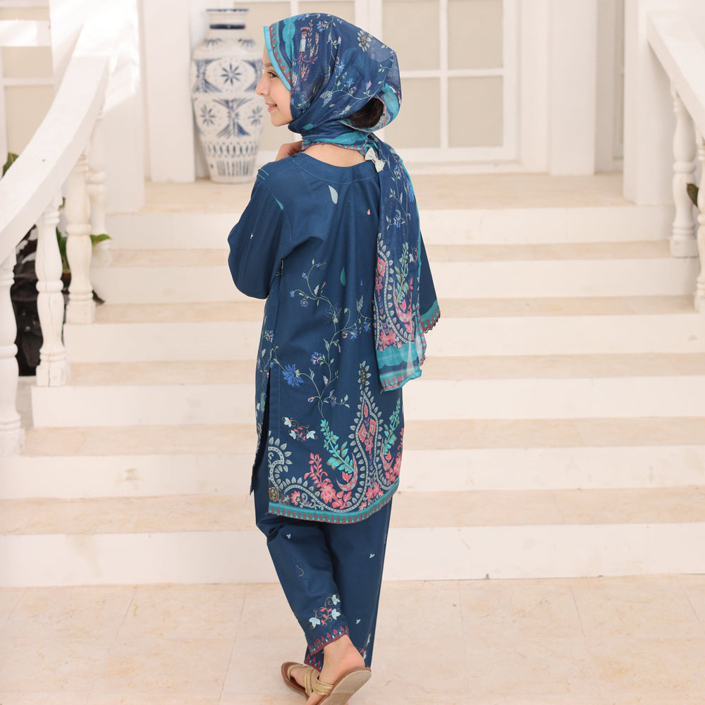 Satrangi by Suntex Fabrics Girls RTW Printed Lawn 3 Piece Suit Indigo Blue Festive Collection