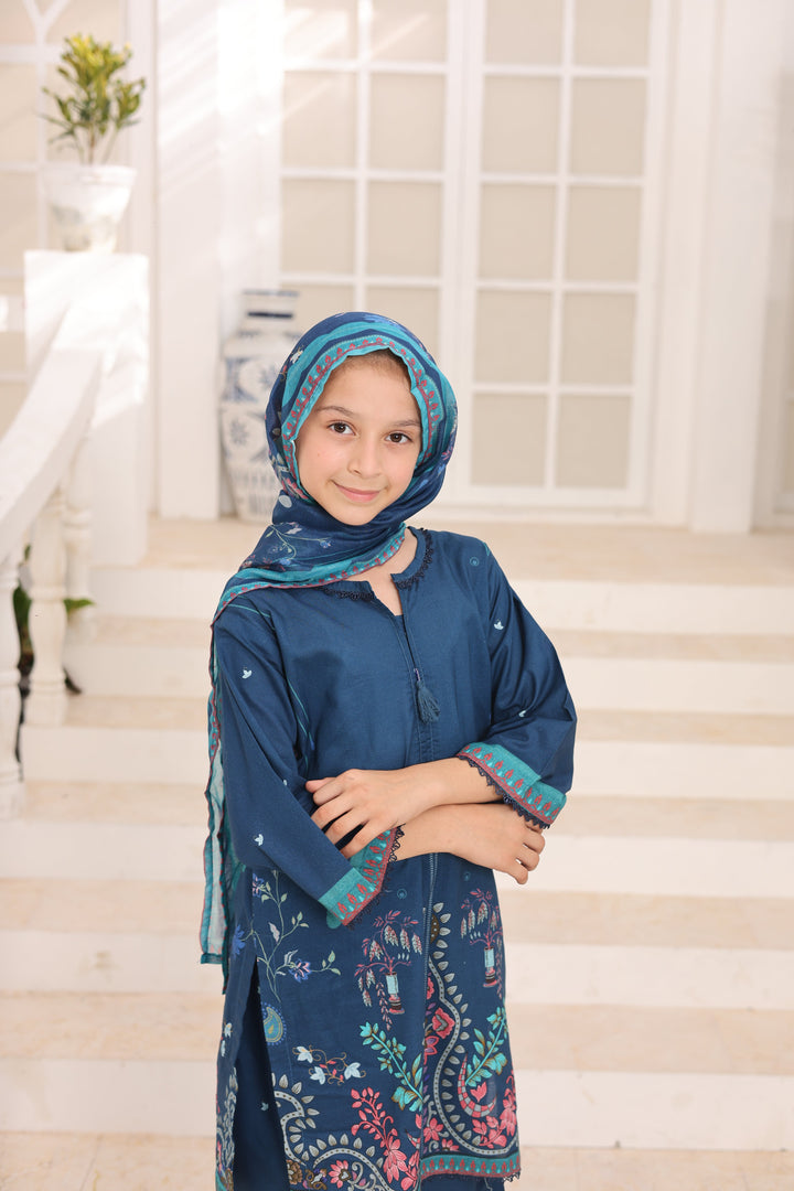Satrangi by Suntex Fabrics Girls RTW Printed Lawn 3 Piece Suit Indigo Blue Festive Collection