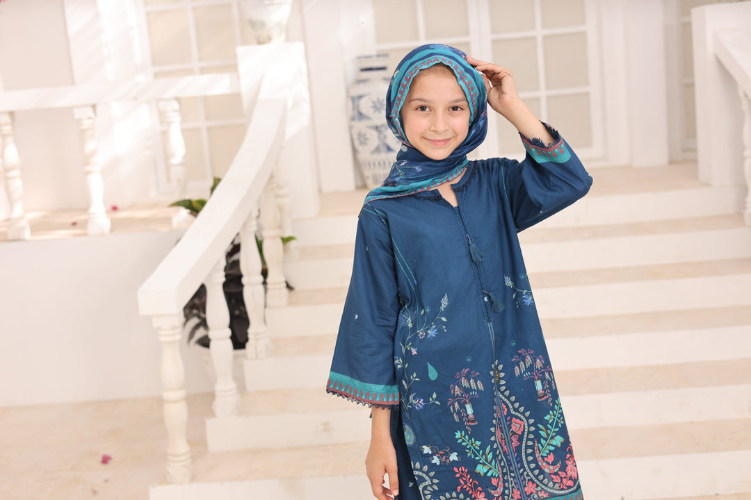 Satrangi by Suntex Fabrics Girls RTW Printed Lawn 3 Piece Suit Indigo Blue Festive Collection