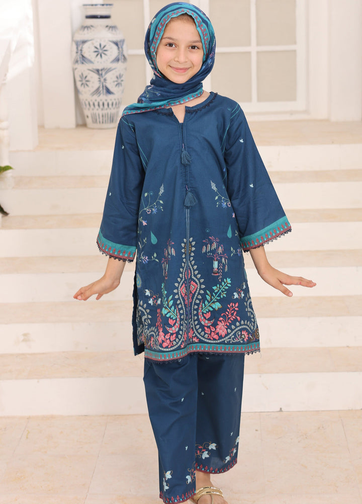 Satrangi by Suntex Fabrics Girls RTW Printed Lawn 3 Piece Suit Indigo Blue Festive Collection