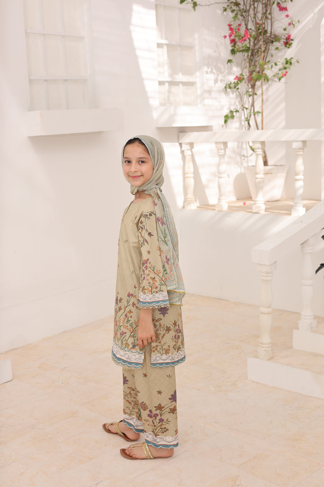 Satrangi by Suntex Fabrics Girls RTW Printed Lawn 3 Piece Suit Khaki Festive Collection