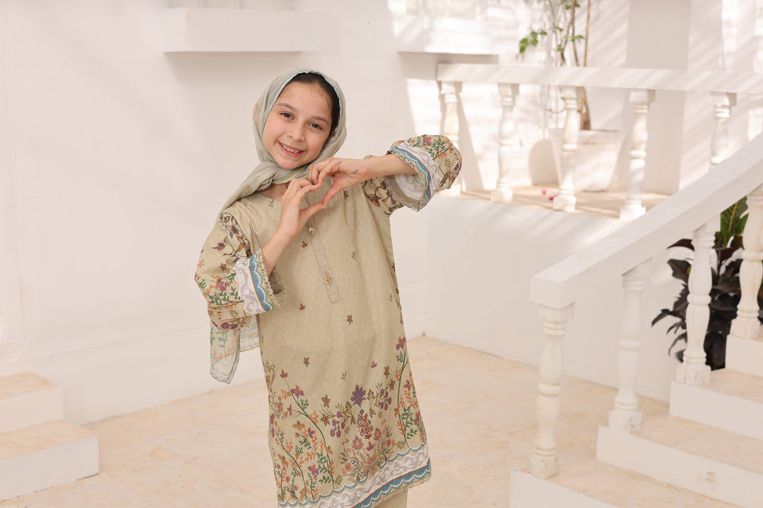 Satrangi by Suntex Fabrics Girls RTW Printed Lawn 3 Piece Suit Khaki Festive Collection