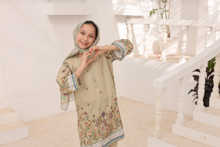 Satrangi by Suntex Fabrics Girls RTW Printed Lawn 3 Piece Suit Khaki Festive Collection