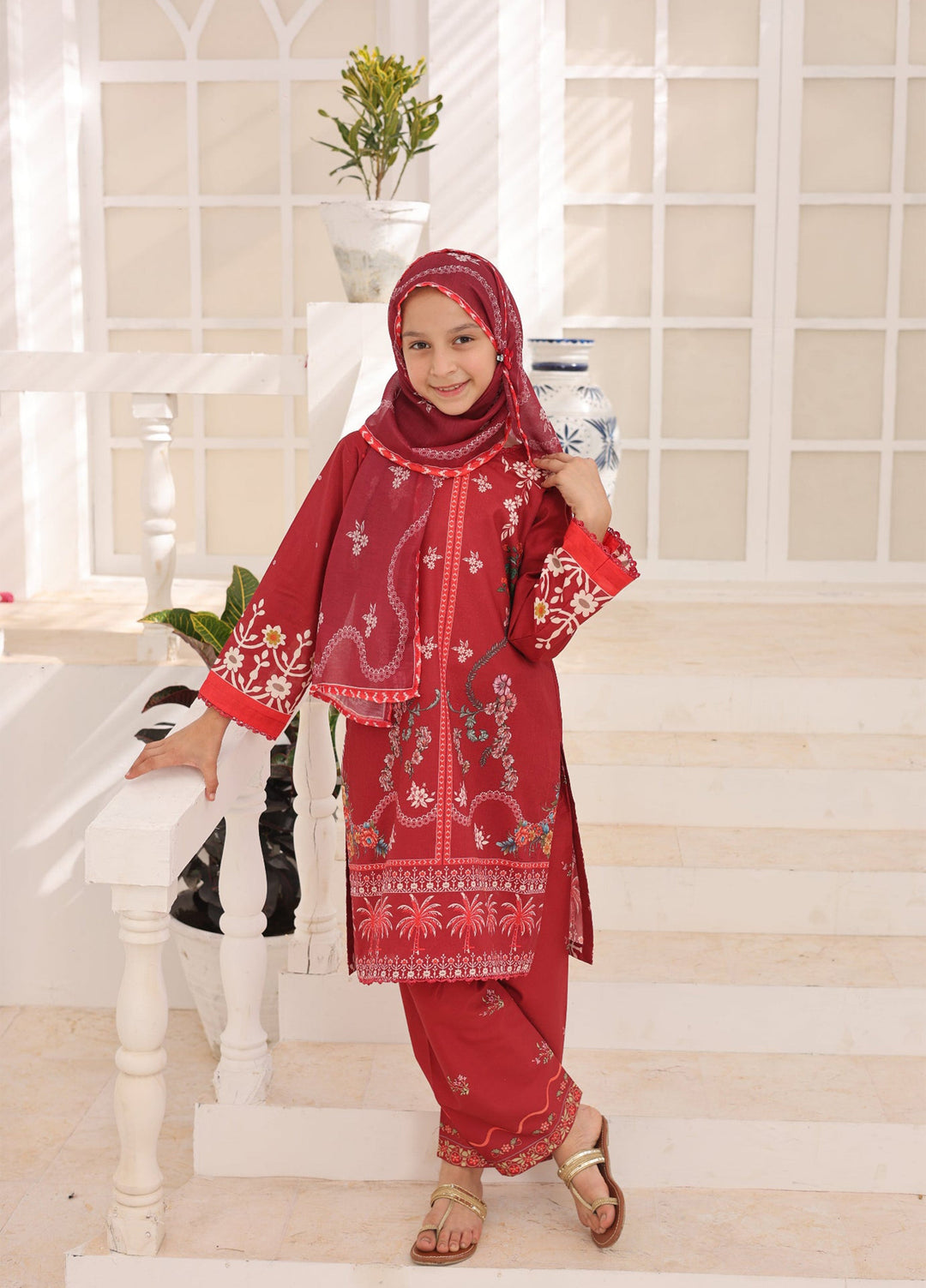 Satrangi by Suntex Fabrics Girls RTW Printed Lawn 3 Piece Suit Maroon Festive Collection