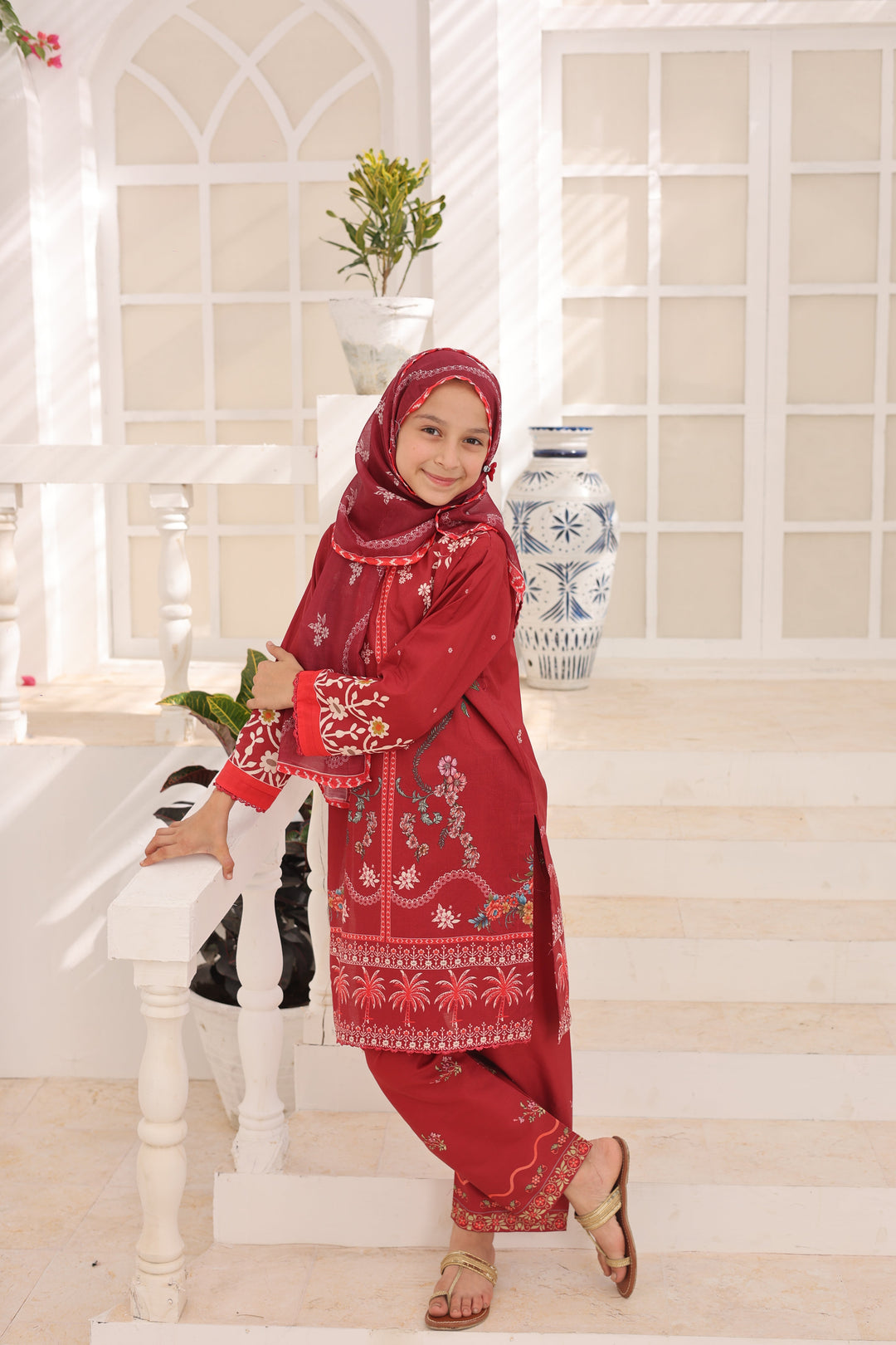 Satrangi by Suntex Fabrics Girls RTW Printed Lawn 3 Piece Suit Maroon Festive Collection