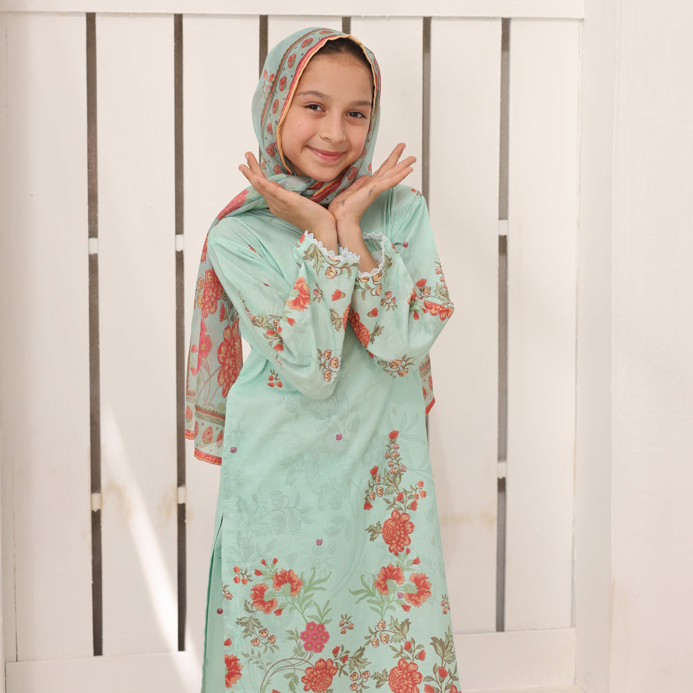 Satrangi by Suntex Fabrics Girls RTW Printed Lawn 3 Piece Suit Mint Green Festive Collection