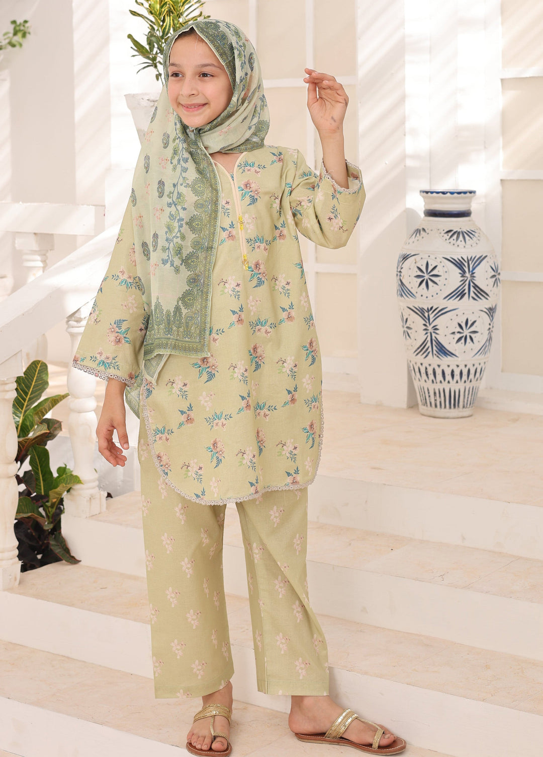 Satrangi by Suntex Fabrics Girls RTW Printed Lawn 3 Piece Suit Pistachio Festive Collection