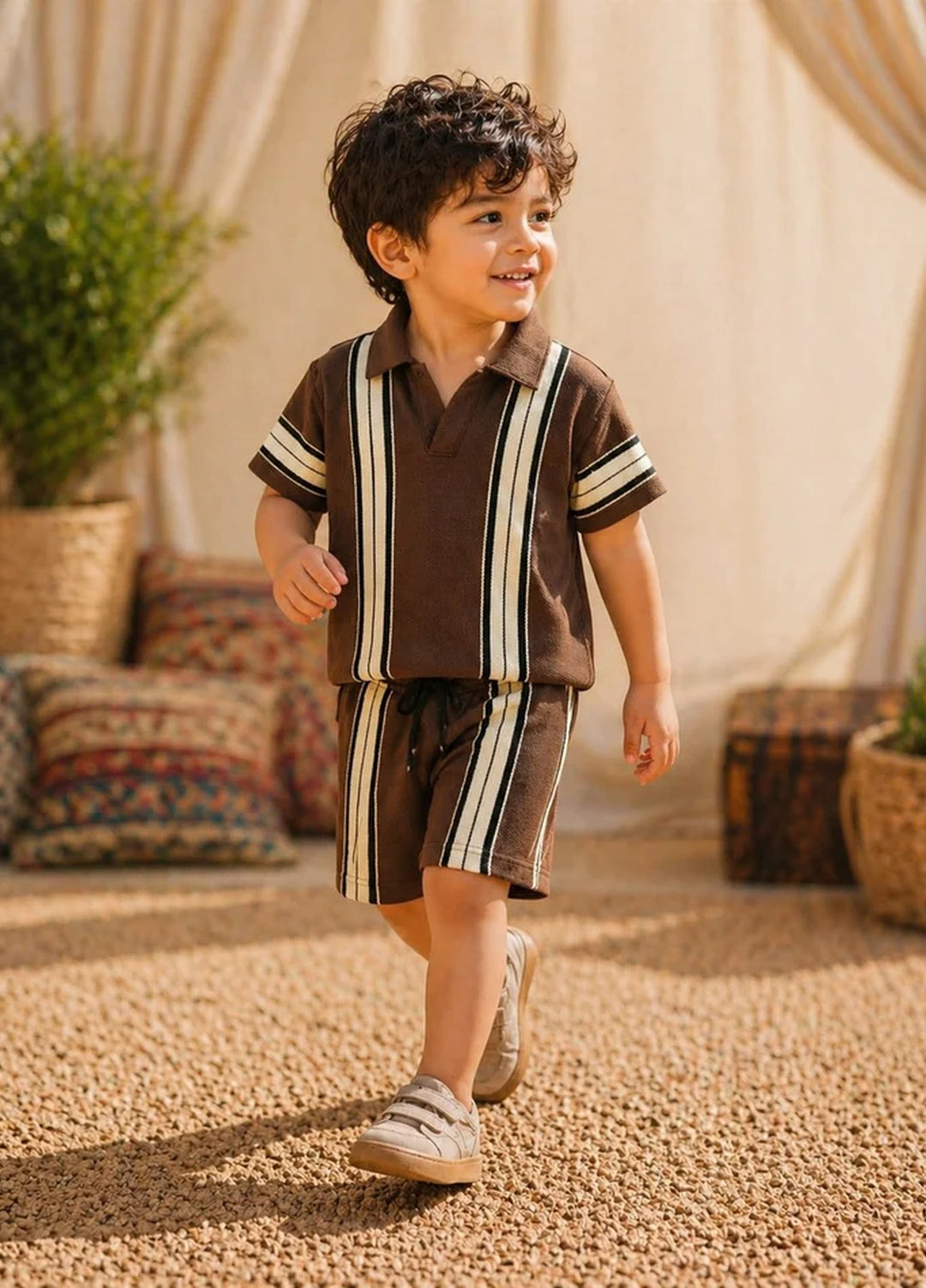 BabyCo Kids RTW Printed Cotton Co-Ord Sets Suit Riviera Stripes Cocoa Brown - Casual Collection
