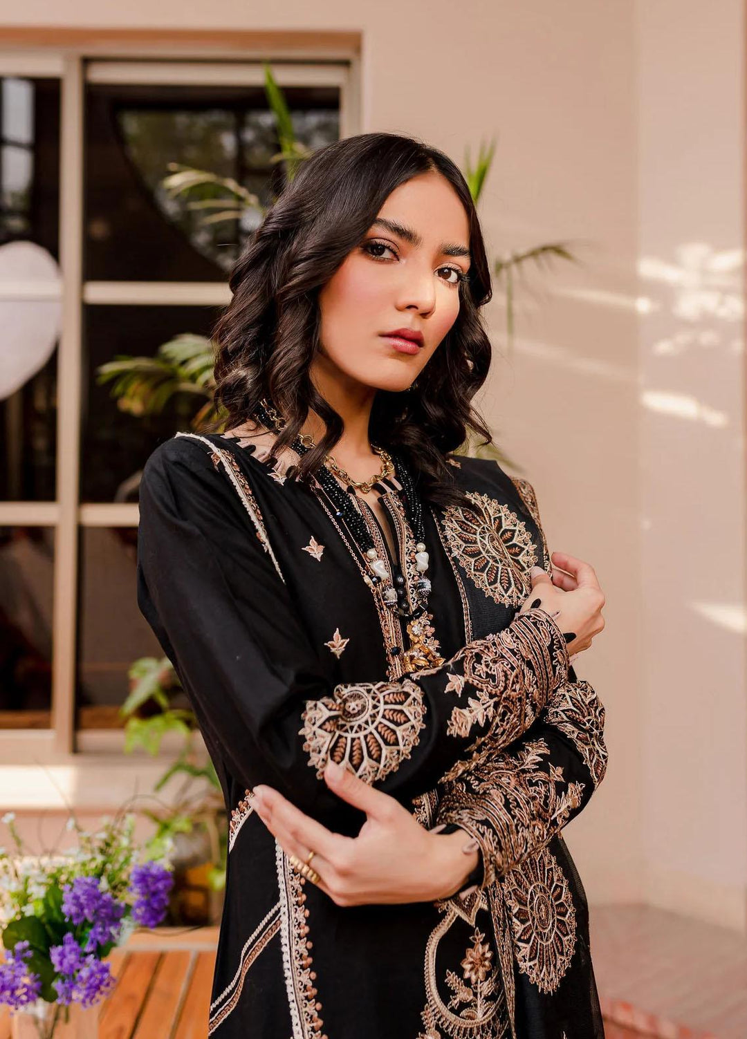 Naayas Pret Embroidered Lawn 3 Piece Suit NS23G Jasmine Black