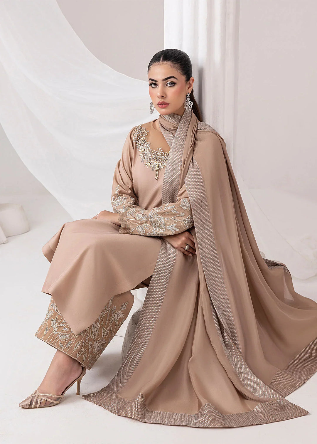 Silk Ivy by Jamnii Pret Embroidered Silk 3 Piece Suit Desert Rose