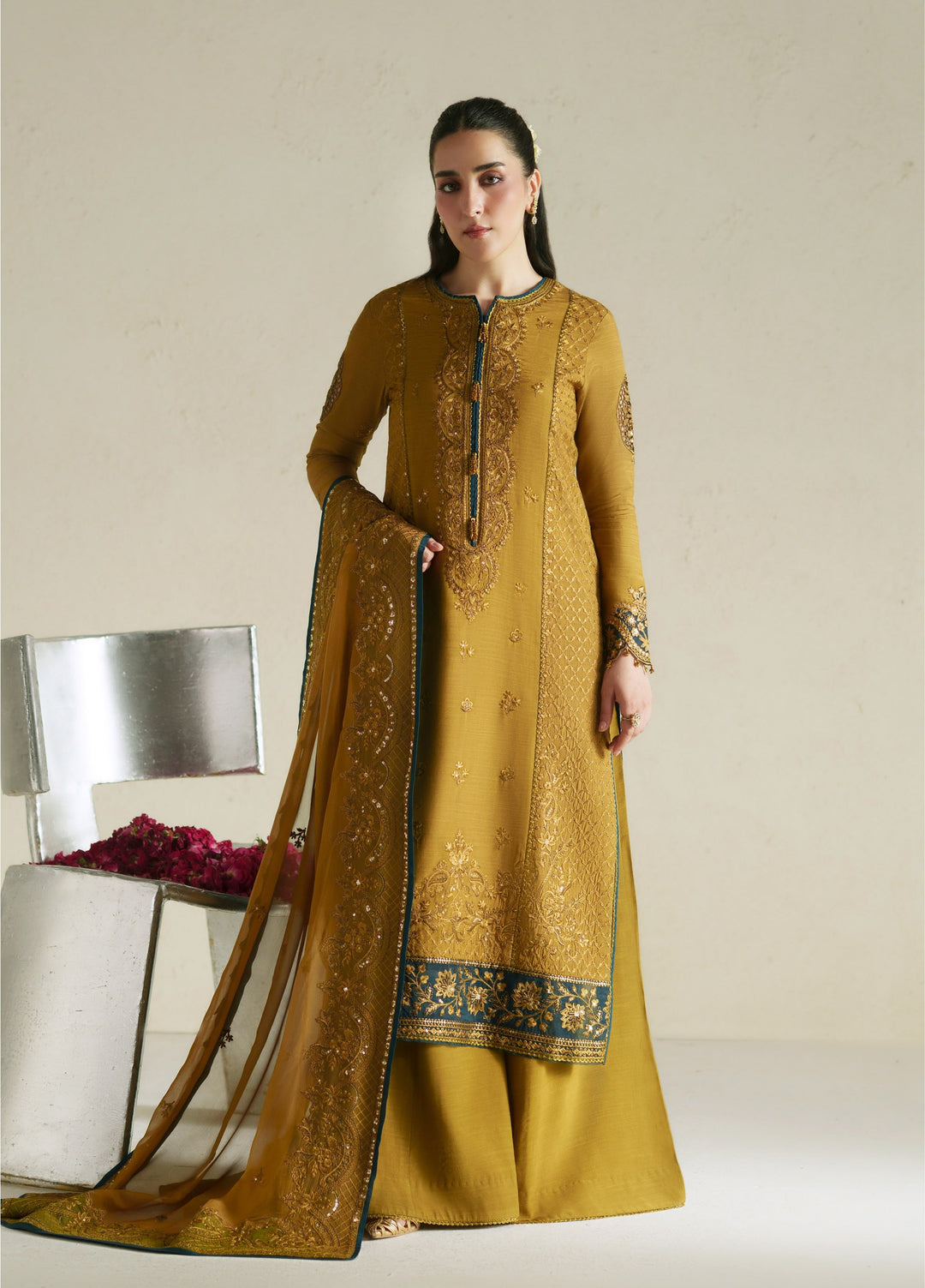 Vera Unstitched Embroidered Raw Silk 3 Piece Suit VR26URF Kundan Antique Gold - Festive Collection