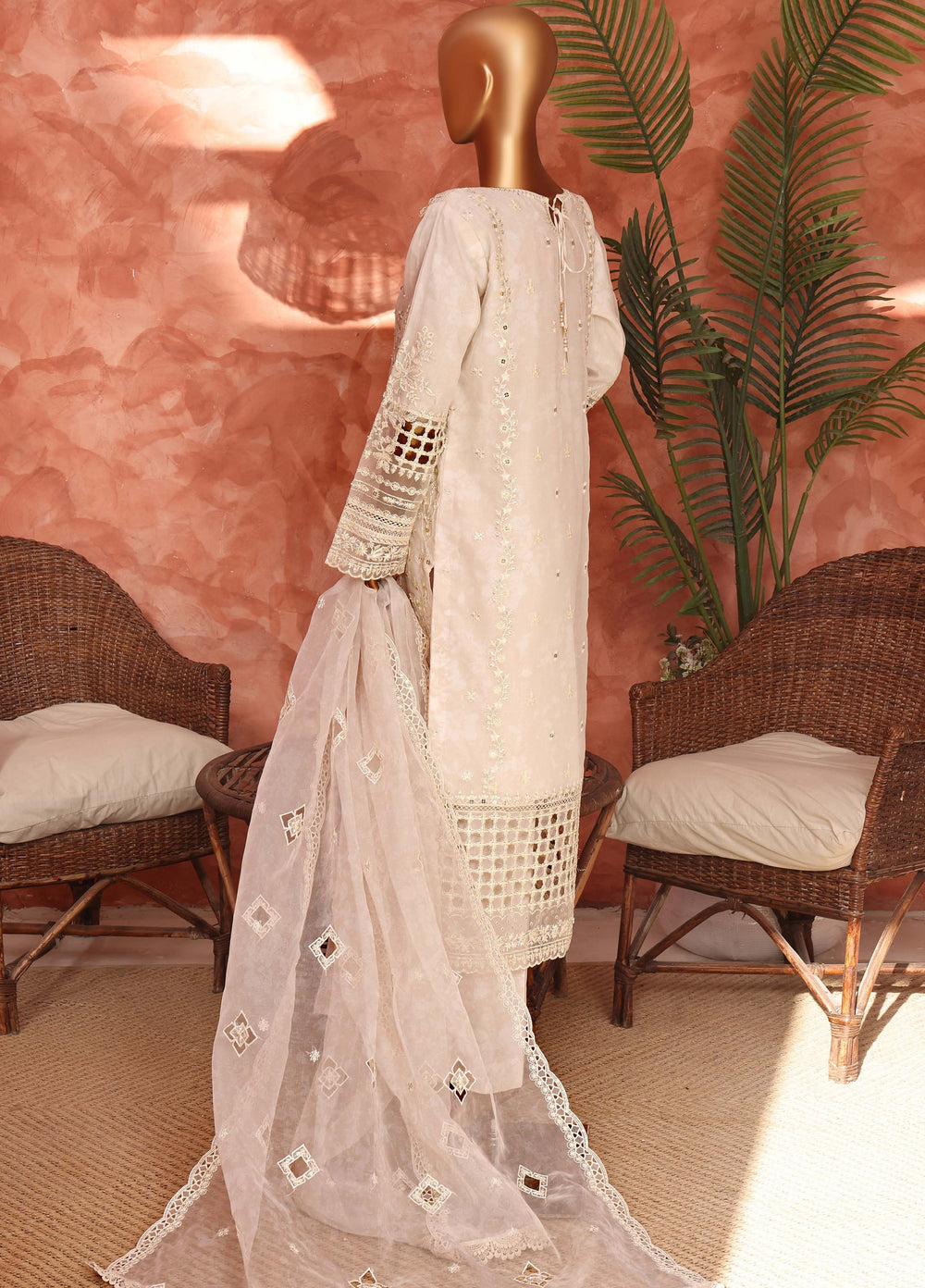 Shaahkaar by HZ Textiles RTW Embroidered Organza 3 Piece Suit HZ26PSO HZK-240 Cream - Festive Collection