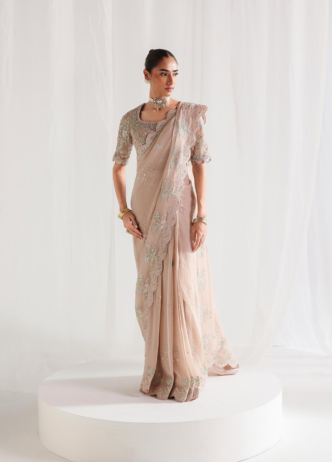 Qalamkar Unstitched Embroidered Chiffon Saree QLK26UCF Novera QCC-04 - Festive Collection