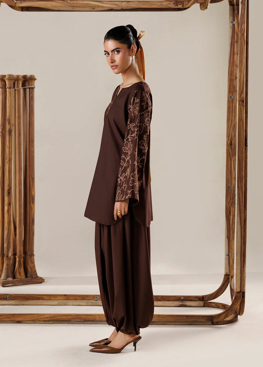 Azure Women RTW Embroidered Poly Co-Ord Sets Suit Mocha - Casual Collection