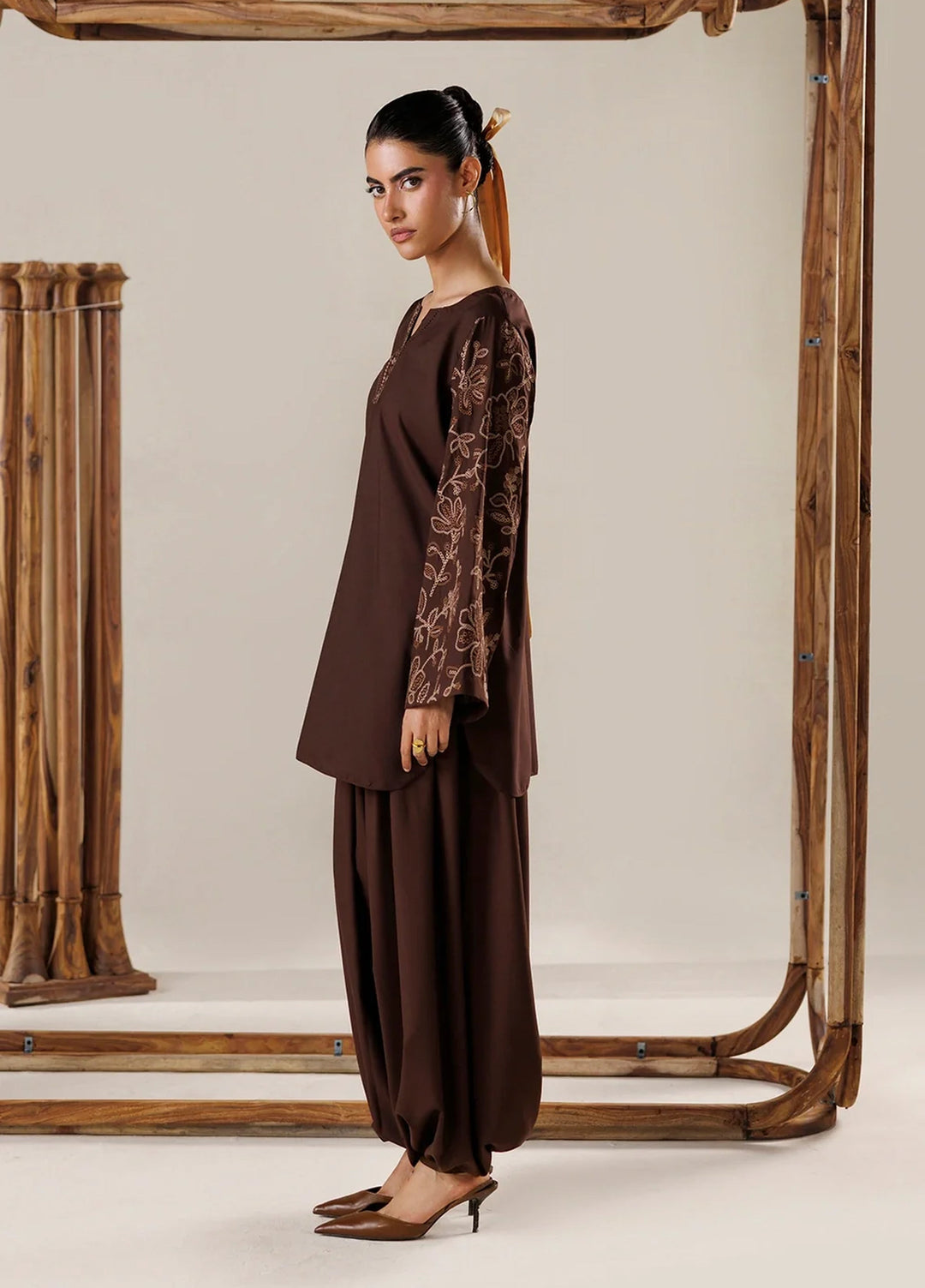 Azure Women RTW Embroidered Poly Co-Ord Sets Suit Mocha - Casual Collection