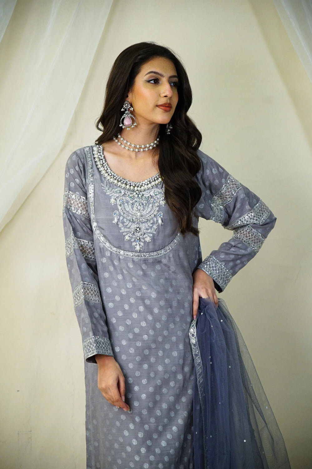La Elise Women RTW Embroidered Raw Silk 3 Piece Suit P000153 Opaline - Casual Collection