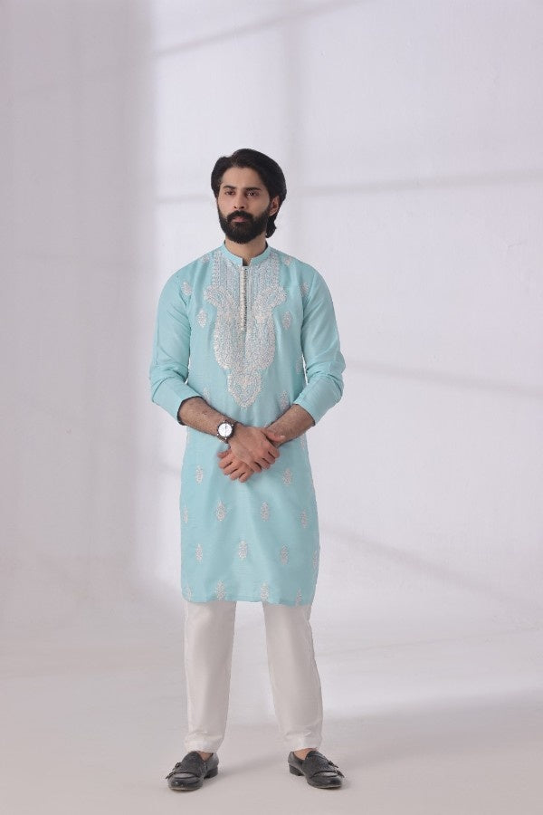 Bazm E Riwayat by Bin Musab Men Kurta Pajama 2 Piece Raw Silk Caribbean Sky - Festive Collection