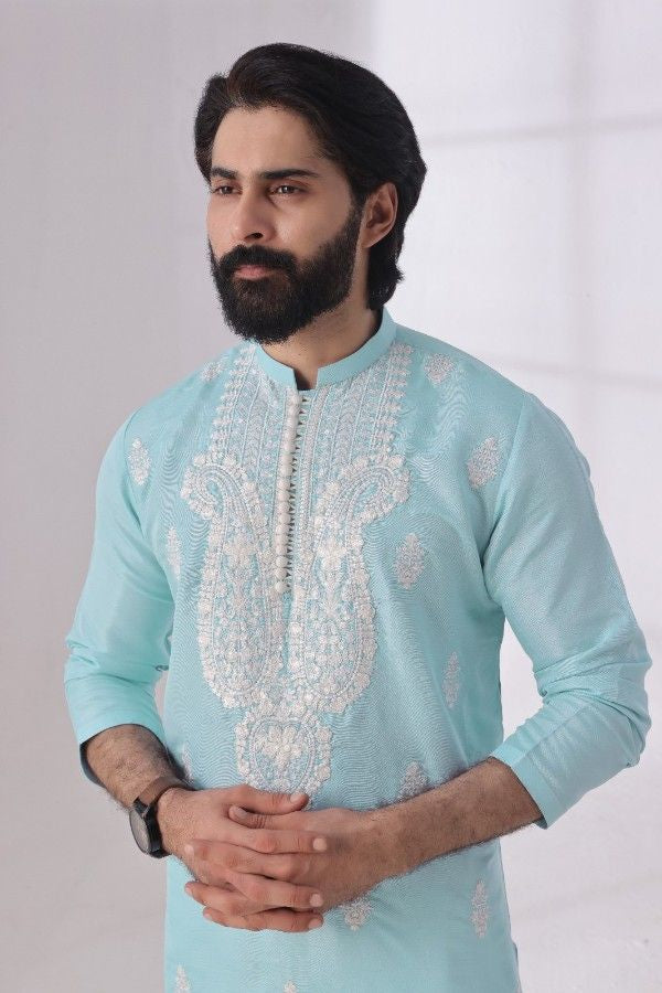 Bazm E Riwayat by Bin Musab Men Kurta Pajama 2 Piece Raw Silk Caribbean Sky - Festive Collection