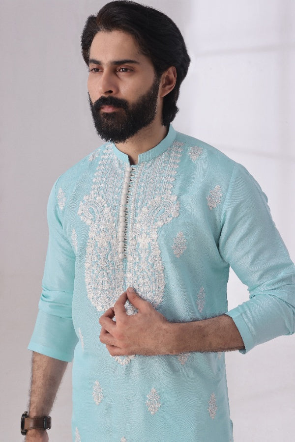 Bazm E Riwayat by Bin Musab Men Kurta Pajama 2 Piece Raw Silk Caribbean Sky - Festive Collection
