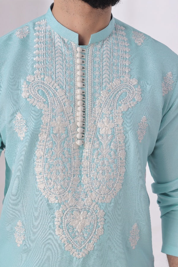 Bazm E Riwayat by Bin Musab Men Kurta Pajama 2 Piece Raw Silk Caribbean Sky - Festive Collection