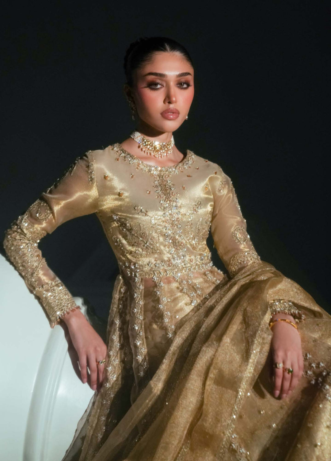 Elyse by Zariya Unstitched Embroidered Net 3 Piece Suit ZA26UEW Aurelia Gold ZSU-6307 - Wedding Collection