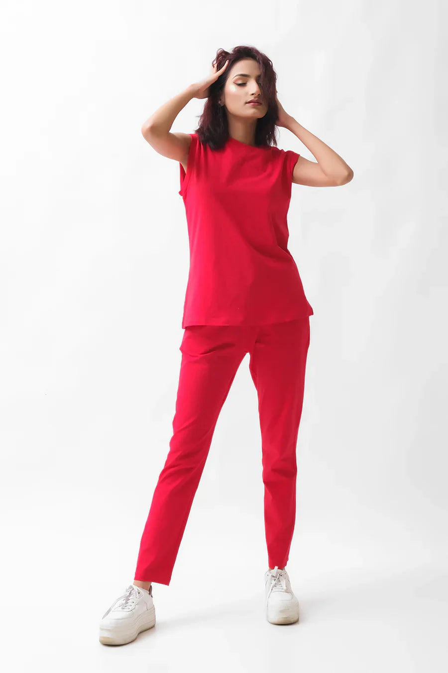 Dhaga Women Western Solids 2 Piece jersy Red Co Ords Sleevesless DHSSSCO5 - Summer Collection