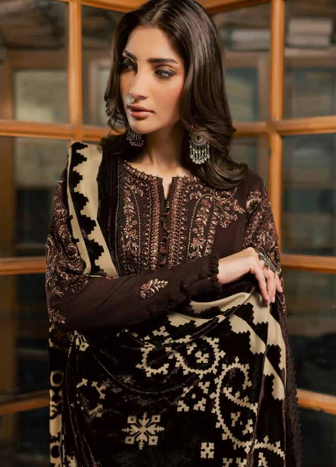 Nureh Exclusive Unstitched Leather Peach with Shawl 3 Piece Suit NU26UEP NE-285 - Festive Collection
