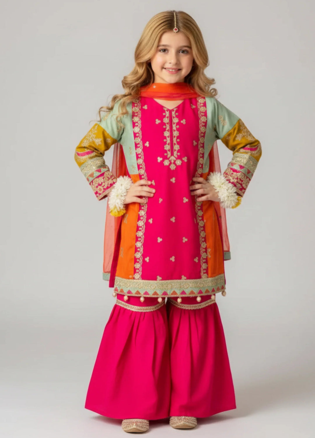 Khanak Girls RTW Embroidered Raw Silk 3 Piece Suit KG-13 - Festive Collection