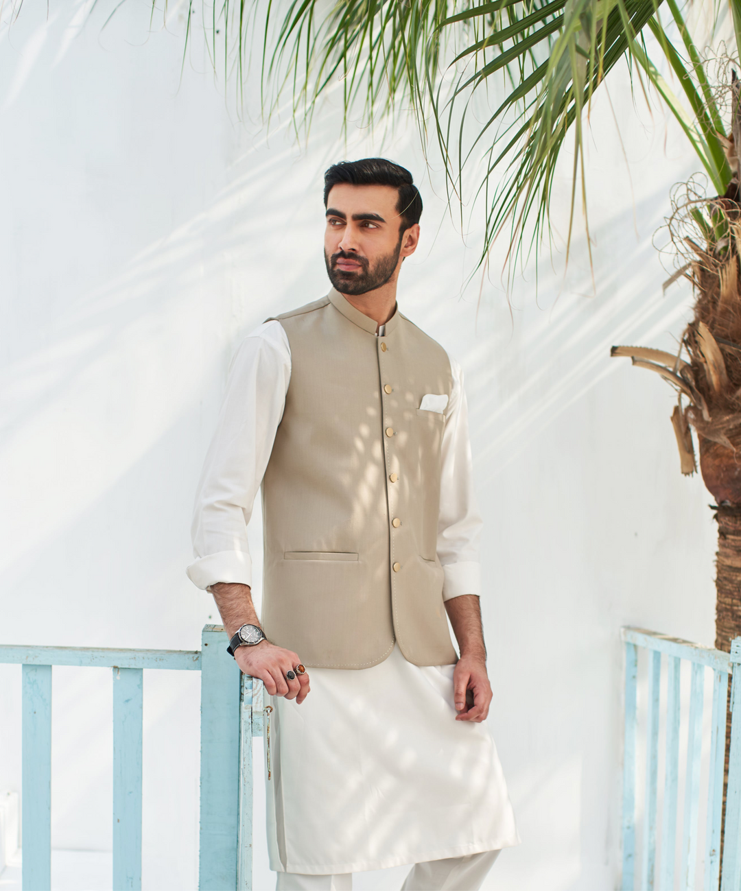 Muraqsh Ready To Wear Solids Cotton Men Beige Suiting Waistcoat Round Cut MUR-PBW - Summer Collection