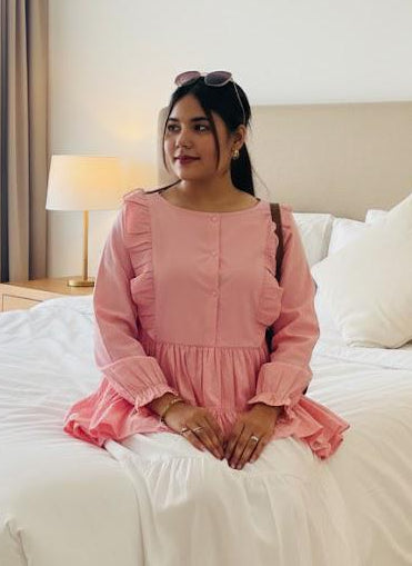 Urban Cut RTW Solids Cotton Co-Ord Sets Suit Pink Peplum Casual Collection