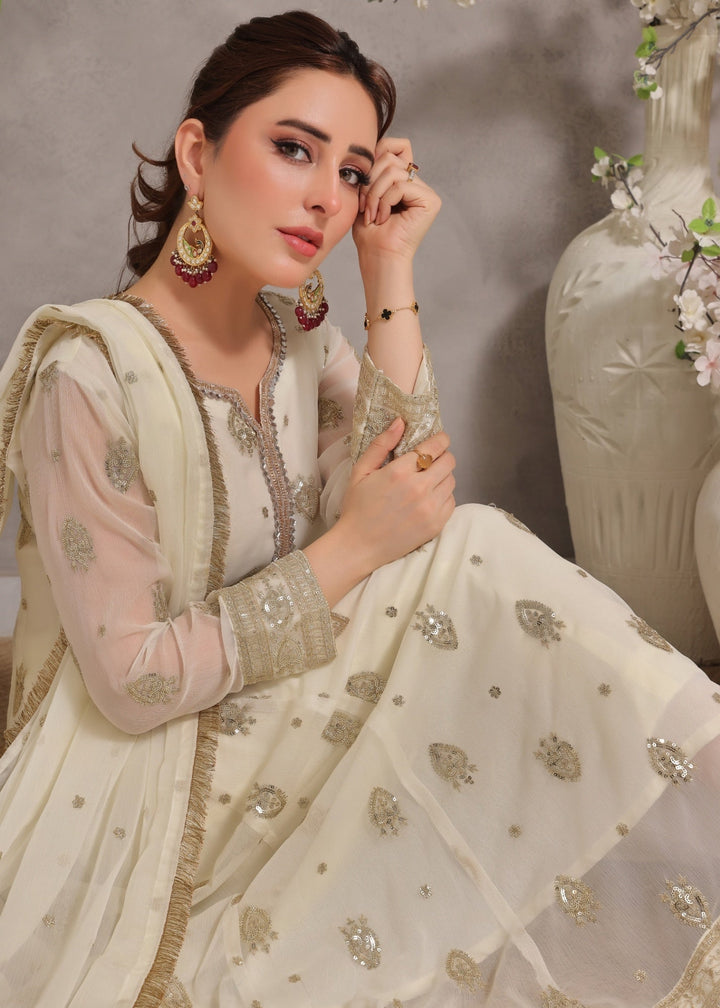 Mommy and Me by Abaan Zohan RTW Embroidered Chiffon 3 Piece Suit Raunak Off White - Festive Collection