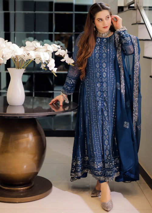 Rang e Haseen by Abaan Zohan RTW Embroidered chiffon 3 Piece Suit Zeno Peacock - Festive Collection